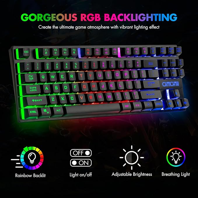 CHONCHOW 87 Keys TKL Gaming Keyboard and Mouse Combo, Wired LED Rainbow Backlit Keyboard 800-3200 DPI RGB Mouse, Gaming for PS4 Xbox PC Laptop Mac