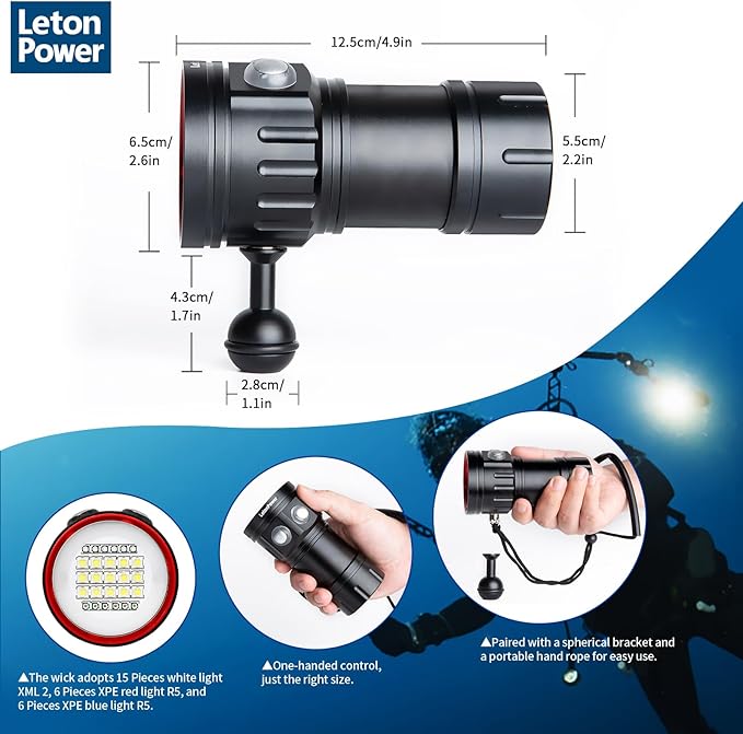 B15 Dive Light Underwater Flashlight 8000Lumens Underwater Video Lights 80m Scuba Dive Light Diving Flashlight for Under Water Sports,Underwater Video Shooting and Photography