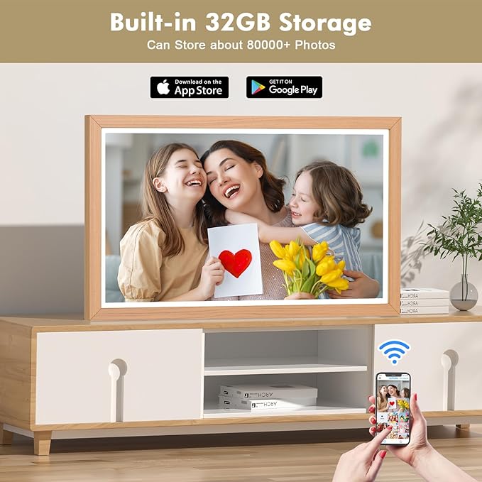 21.5" Large Digital-Picture-Frame Smart Photo-Frame - 1920 x 1080 FHD IPS No Touch Screen Wood WiFi Photo Frames, Wall Mounted, 32GB, Remote Control, Send Photos Videos via APP Email, Gift for Mom Dad