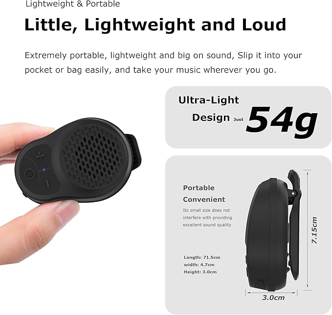 Wearable Bluetooth Speaker Clip On, Small Portable Speaker, Waterproof Bluetooth Mini Speaker with Microphone for Workout Running Up to 24H Playtime(Black+Black)