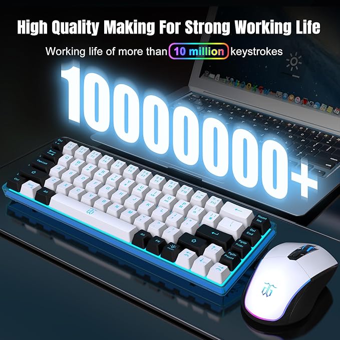 Snpurdiri 60% Wireless Gaming Keyboard and Mouse Combo,Ice Blue Backlit Rechargeable 2000mAh Battery,Mini Mechanical Feel Anti-ghosting Keyboard + Popular RGB Mice for Gaming, Office(White-Black)