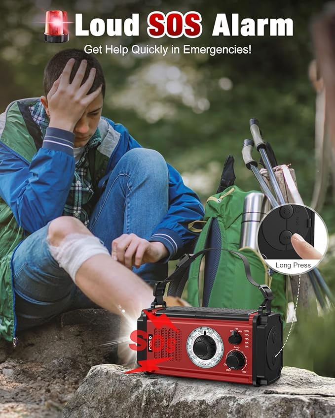 10000wAh/37000mWh Emergency Hand Crank Radio, Solar AM FM NOAA Weather Radio, 5 Charging Methods, Torch & LED Reading Light, SOS Alarm for Winter Storm Emergency, Red