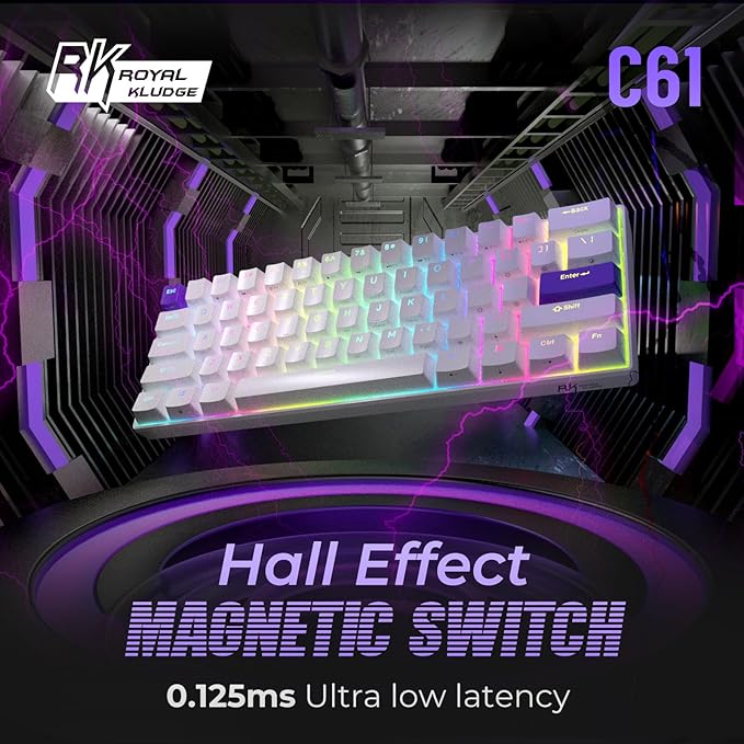 RK ROYAL KLUDGE C61 HE Gaming Keyboard 60% Wired Mechanical Keyboard with Hall Effect Magnetic Switch 8000Hz Polling Rate Rapid Trigger RGB Backlit, 61 Keys, White Purple