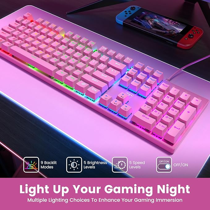 RisoPhy Mechanical Gaming Keyboard, RGB 104-Key Ultra-Slim Backlit USB Wired Keyboard with Blue Switch, Durable ABS Keycap/Anti-Ghosting/Spill-Resistant for PC, Mac, Xbox Gaming, Pink