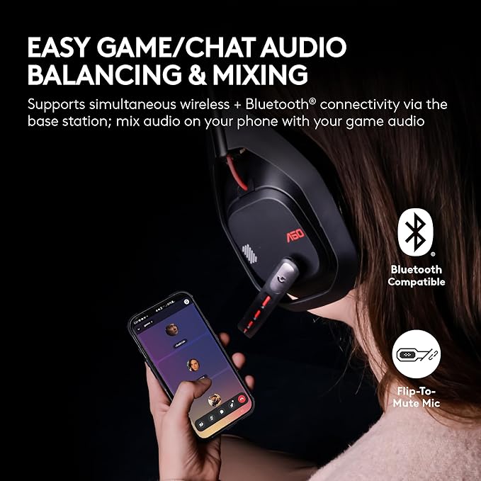 Logitech G Astro A50 Omni-Platform Wireless Gaming Headset + Base Station for PS5, Xbox, PC: PLAYSYNC Audio Switcher, <16 bit/48kHz (Console), <24 bit/48 kHz (PC), 24hr Battery, 2.4GHz & BT - Black