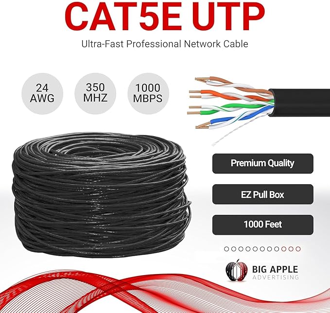 Big-A - 1000ft Cat5e Plenum Ethernet Cable, Black, 350MHz, 24AWG UTP, CMP Rated, Solid Network LAN Cord, Compatible with Printer, Gaming Consoles, Router, VoIP Phones, POE IP Cameras