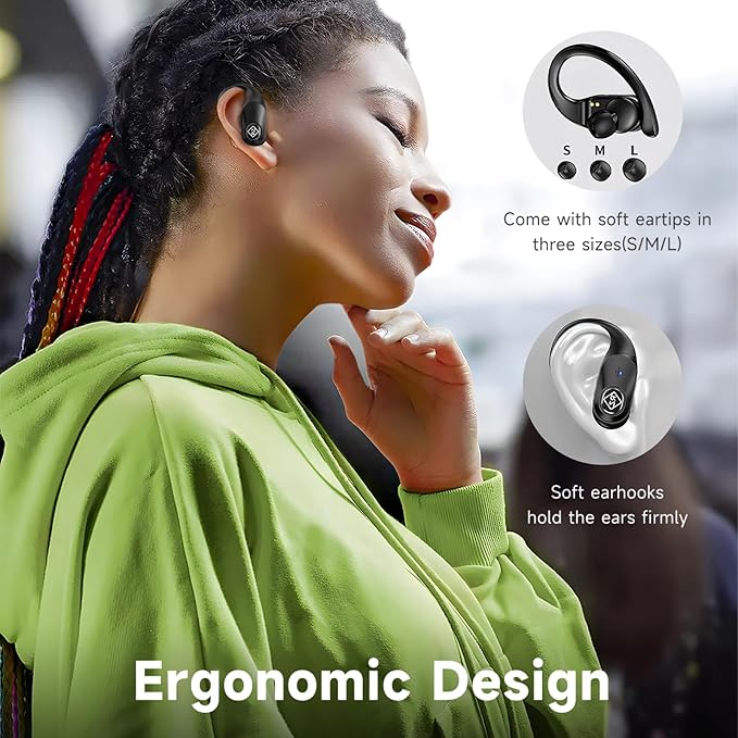 Wireless Earbuds Bluetooth Headphones 96H Playtime LED Display Waterproof Built in Mic Deep Bass Sound Secure Over Ear buds Earhooks for iPhone Android Samsung Cell Phones Sport Running Workout Gaming