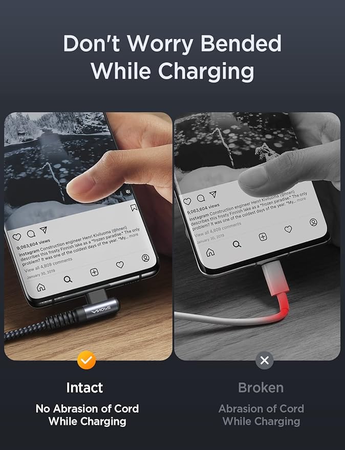 AINOPE USB C Cable 60W 2-Pack 6.6ft Nylon Braided USB C to USB C Cable Type C Charger Fast Charging Right Angle USBC Cable Charger Cord for iPhone 16 Pro Max 15 Plus Samsung S24 S23 iPad Space Gray