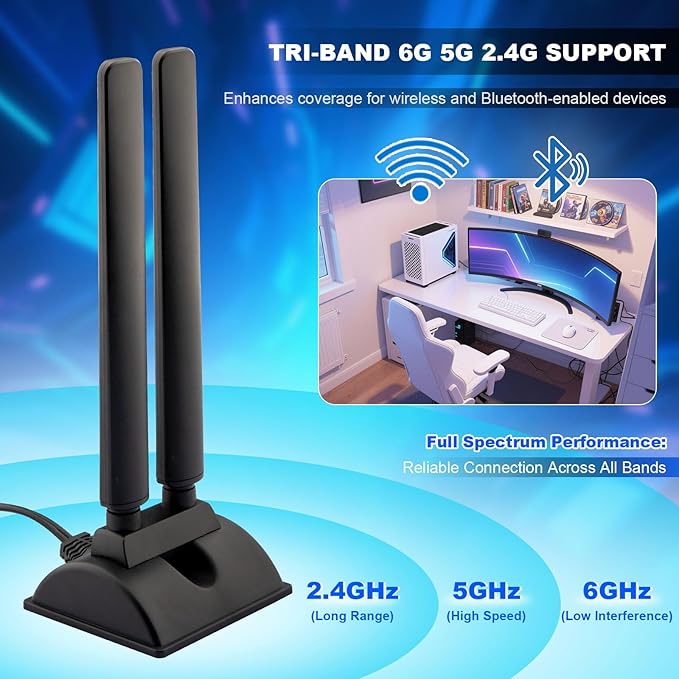 WiFi 6 6E Tri-Band 6GHz 5GHz 2.4GHz Magnetic Base External Replacement WiFi Antenna for PC Desktop Computer Asus Rog Strix Gigabyte Aorus Gaming WiFi Motherboard Card, Kaunosta