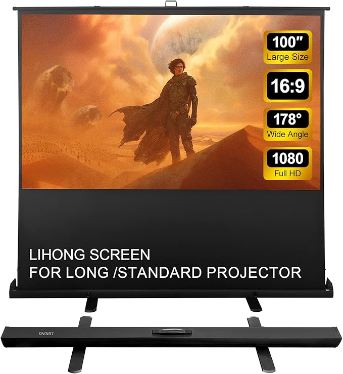 LIHONG Floor Rising Projector Screen Indoor & Outdoor 16:9 HD Portable Matte White Projection Screen for Long Standard Projector Fast Setup for Movies, Office Presentations & More (100 Inch/16:9)