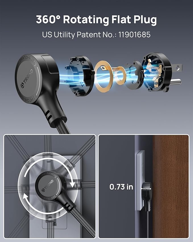 TROND 360° Rotating Flat Plug Power Strip, 5FT Extension Cord with 4 USB Ports, 4 Wide Spaced AC Outlets, Wall Mount, 900J Surge Protector for Office Travel Dorm Room Essentials, Black