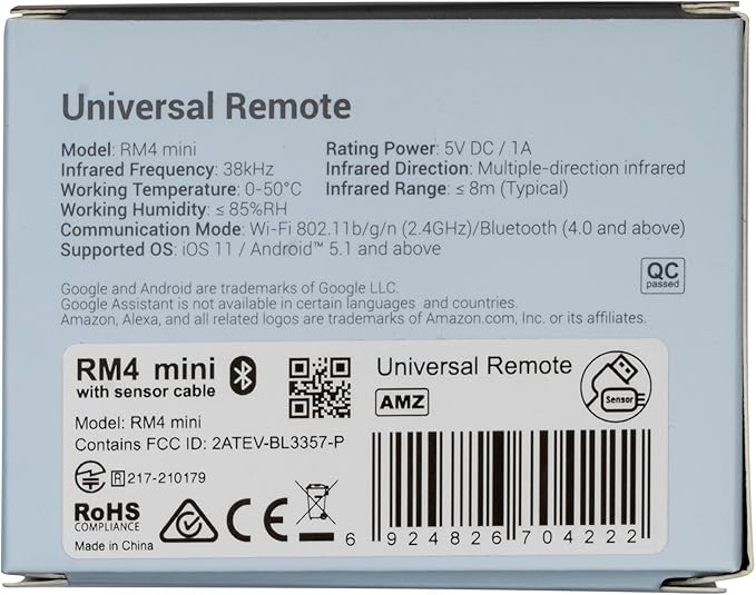 BroadLink RM4mini Smart Remote Hub with Sensor Cable -WiFi IR Blaster for TV Remote, Smart AC Controller, Works with Alexa/Google Home/IFTTT