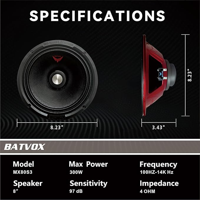 MX80S3 Midrange Loudspeaker 8" Silver Bullet, 600W Max, 4 Ohms, Premium Quality Audio Door Speakers for Car or Truck Stereo Sound System, Black (2 Speaker)