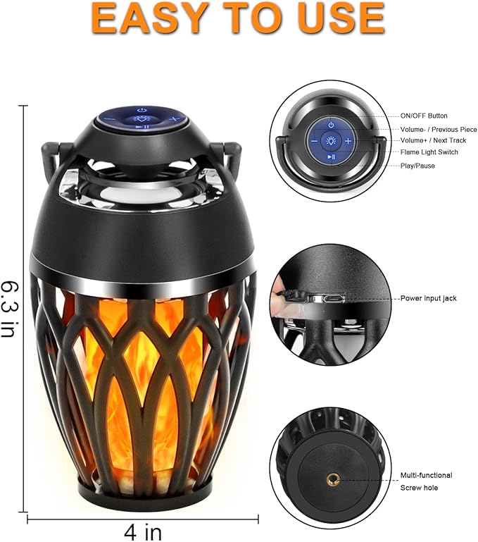 Vanten Outdoor Bluetooth Speakers, Bluetooth 5.0 Led Flame Speaker, IPX5 Waterproof Flame Torch Atmosphere Speaker, Patio Speakers Gifts for Men Women, Decorations for Party Garden Home