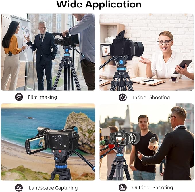 SIRUI AM-25S Video Tripod, 74.8" Professional Heavy Duty Tripod with Adjustable Damping Fluid Head for Camcorder, Cameras, DSLR, 360° Pan & +90°/-75° Tilt, Quick Release Plate, Max Load 22.0lb