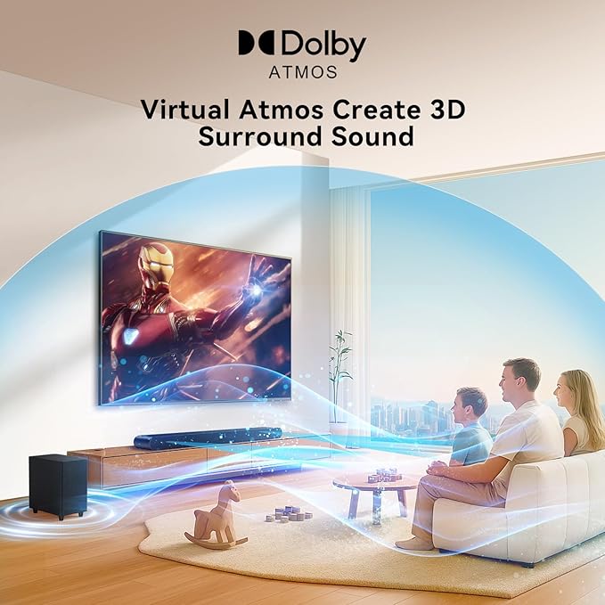 3.1CH Dolby Atmos Soundbar for Smart TV, 390w Virtual Atomos Surround Sound & Wired Subwoofer, 4K HDR Passthrough, HDMI/eARC Home Theater System
