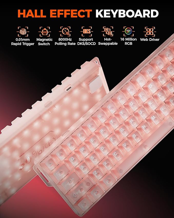 DAREU COOL60 60% Hall Effect Gaming Keyboard with Magnetic Switch, SOCD, 0.01mm Actuation Adjustable Rapid Trigger,8000 Hz Polling, Frosted Transparent Keycaps, Hot-swap, RGB Backlit