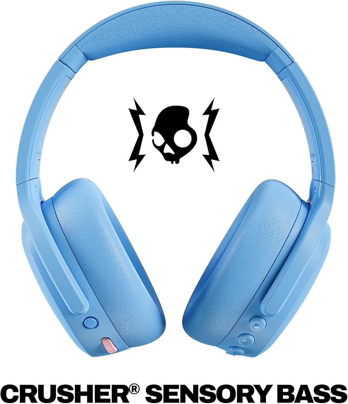 Skullcandy Crusher ANC 2 Wireless Over-Ear Bluetooth Headphones with Multi-Sensory Bass, Active Noise Cancelling, Up to 60 Hours Battery, Microphone for iPhone Android - Preppy Blue