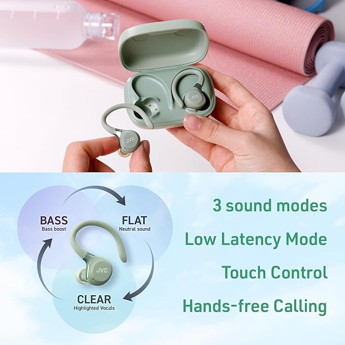 JVC Fitness Series True Wireless Sport Earbuds with Adjustable Hooks, Active Noise Cancelling, Ambient Sound Mode, IP57 Waterproof, 40hr Long Battery Life, App EQ, Low Latency, Mic HAEC75TG Green