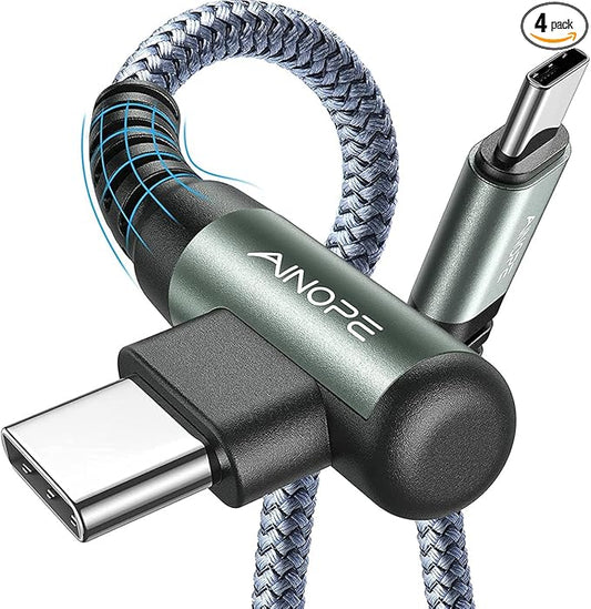 AINOPE USB C Cable 60W 4-Pack 3.3FT+3.3FT+6.6FT+10FT Nylon Braided USB C to USB C Cable Type C Charger Fast Charging Right Angle USBC Cable Charger Cord for iPhone 16 Pro Max 15 Plus Samsung S24 Grey