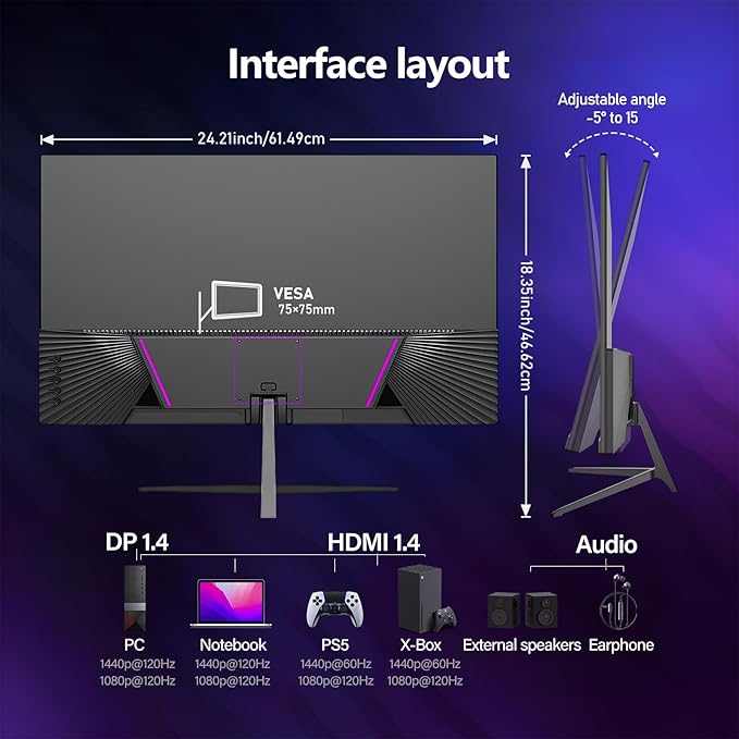 Gaming Monitor 27 inch QHD IPS, PC Screen 120Hz 2K (2560×1440P), Ultra-Thin Zero Frame Computer Display for Home Office Business, DP, HDMI, Wall-Mounted