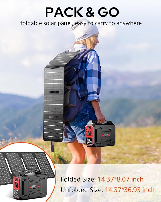 Solar Powered Generator 200W Peak/100W Rated, Portable Solar Generator Power Station with Solar Panels 40W Included, 146Wh Solar Power Bank with AC Outlet 110V for Home Use Camping Outdoor Adventure