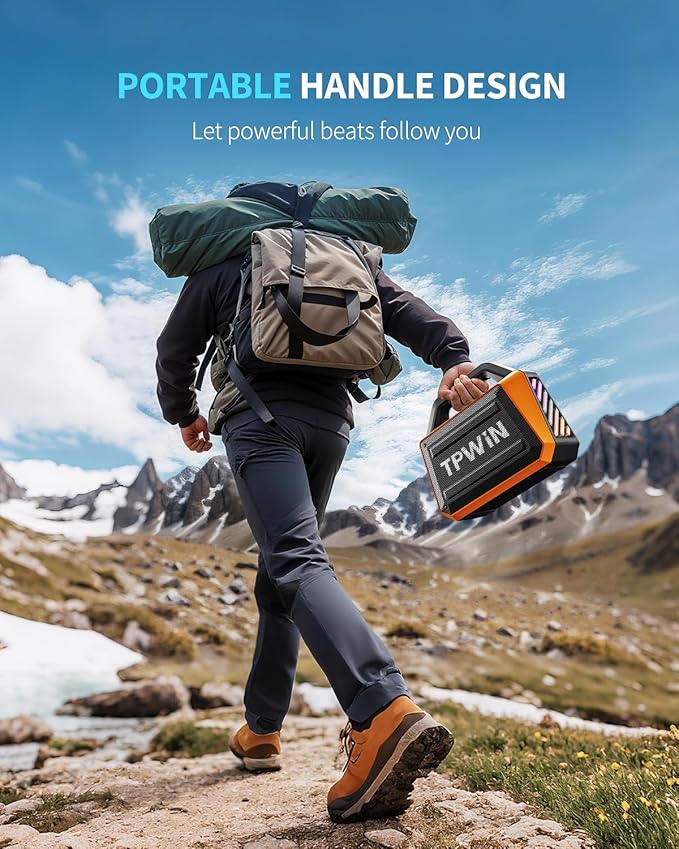 Bluetooth Speaker - 80W Loud, Rugged Outdoor Speakers, IPX6 Waterproof, 20H Playtime, Deep Bass, Lightshow, TWS, BT 5.3 Wireless, Portable for Travel Hiking Camping Beach Pool - Orange