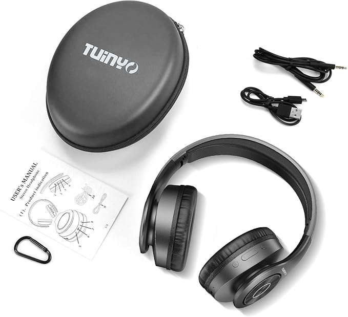 TUINYO Bluetooth Headphones, Over Ear Stereo Wireless Headset 40H Playtime with Deep Bass,Soft Memory-Protein Earmuffs,Built-in Mic Wired Mode PC/Cell Phones-Black