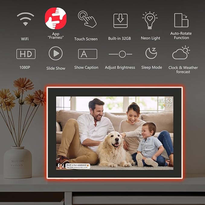 32GB FRAMEO 10.1 Inch WiFi Digital Photo Frame with Neon Light, 1280x800 HD IPS LCD Touch Screen, Auto-Rotate, 32GB Storage, Support USB Drive/SD Card Extend Storage, Share Moments via Frameo App