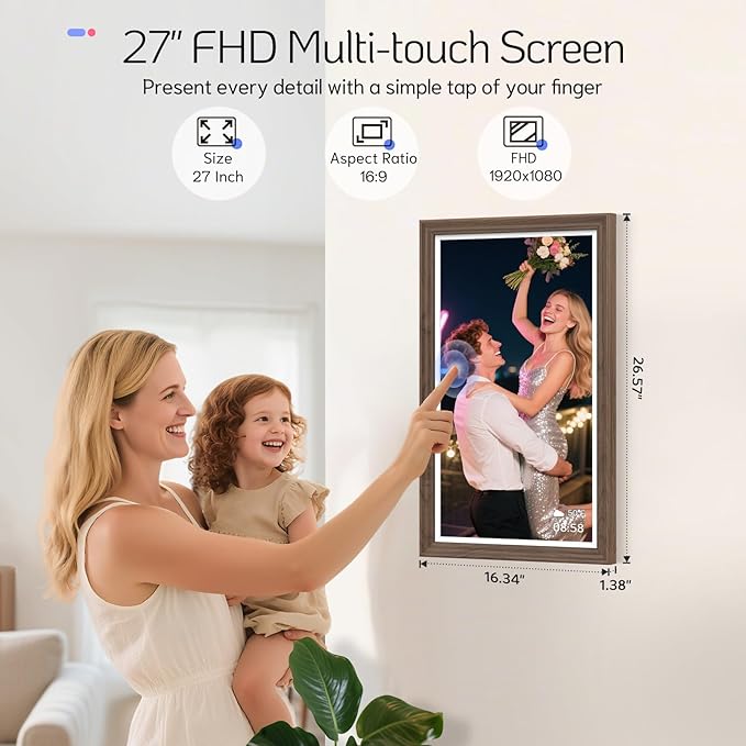 NexFoto Digital Picture Frame 27'' WiFi, FHD Touchscreen 1920 * 1080 with 64GB - Add Photos from Google Photos, Upload Videos, for Housewarming/Mom/Birthday (Walnut)