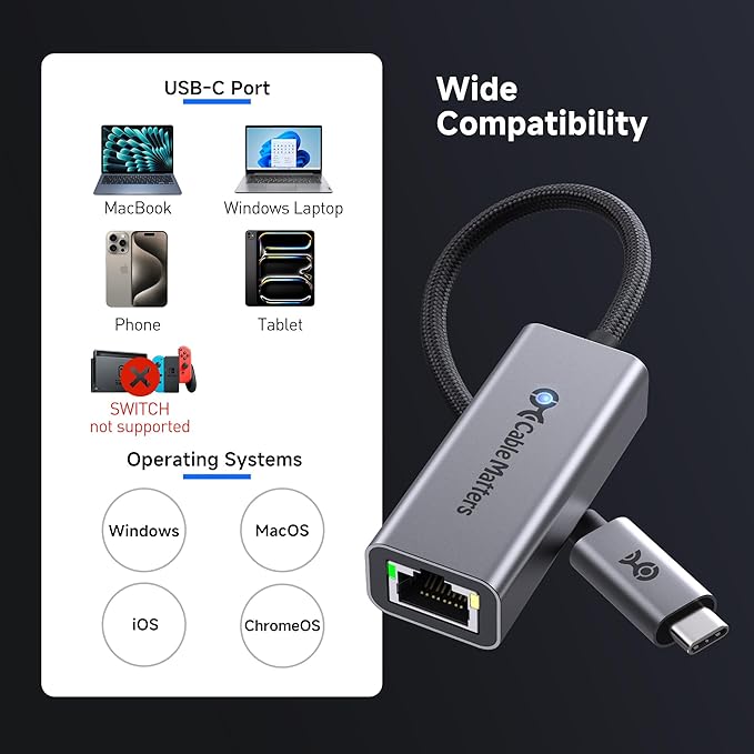 Cable Matters USB C to Ethernet Adapter, Gigabit Ethernet to USB C Network Adapter for 1000Mbps, Compatible with MacBook, iPhone 16 Pro/Max, iPad Pro, Dell XPS, Surface, and More