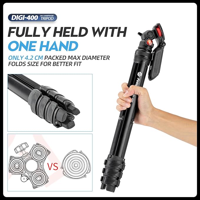 Fotopro 55” Camera Tripod 2in1 Hidden Cold Shoe Phone Clip Portable Travel Tripod Stand with Fluid Video Head, 1.5lbs Lightweight Aluminum Max Load 6.6lbs