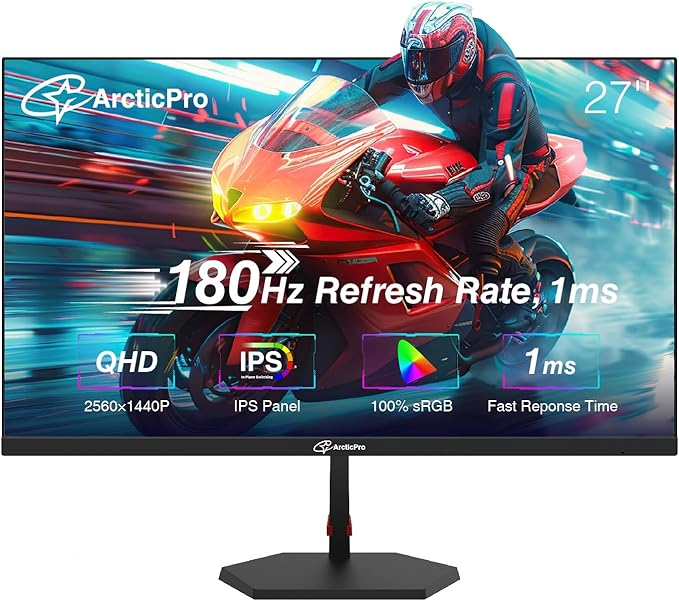 27inch Gaming Monitor QHD 2560*1440p, 180Hz, 2K, IPS Panel, 1ms Response Time, Adaptive sync, PC Computer Monitor, 3-Sided Frameless, Ultra Slim, 130% sRGB, Bluelight Filter, HDMI *2, DP*2