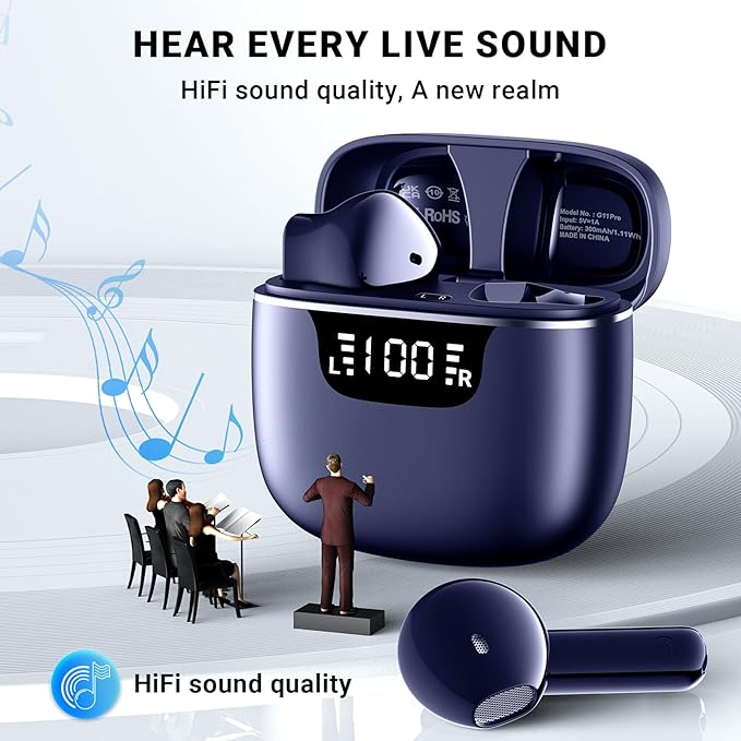 Wireless Earbuds, Bluetooth 5.4 Headphones with 42H Ultralight Ear Buds,Bluetooth Earbuds with 4 ENC Noise Cancelling Mics, HiFi Deep Bass Dual LED Display USB-C, Waterproof Earphones Blue