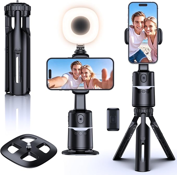 UBeesize Auto Face Tracking Tripod with Adjustable Desk Tripod, 360° Rotating vlogging kit for iPhone with Remote & Gesture Control, Rechargeable Selfie Fill Light, No App Required