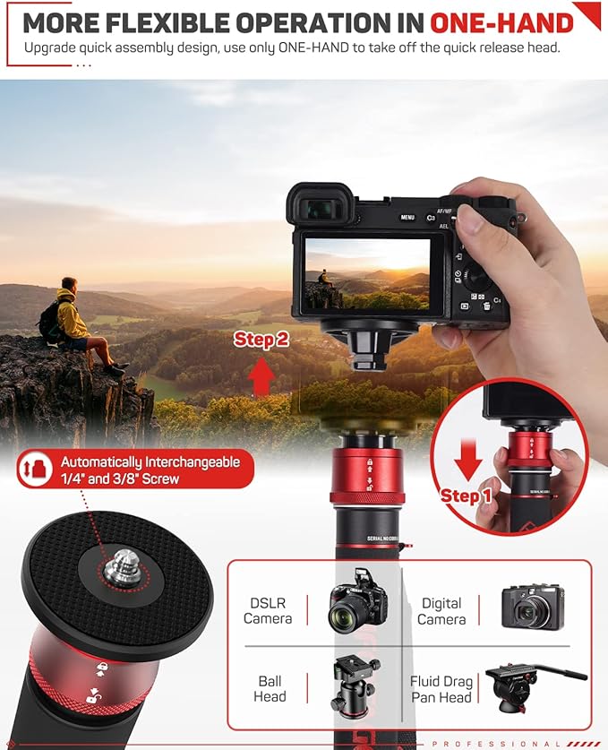 IFOOTAGE 71" Lightweight Travel Monopod with Feet, Aluminum Camera Monopod, Compatible with Sony, Canon, Nikon DSLR Cameras, Payload up to 17.64 lbs/5 KG, Cobra 3 A180T