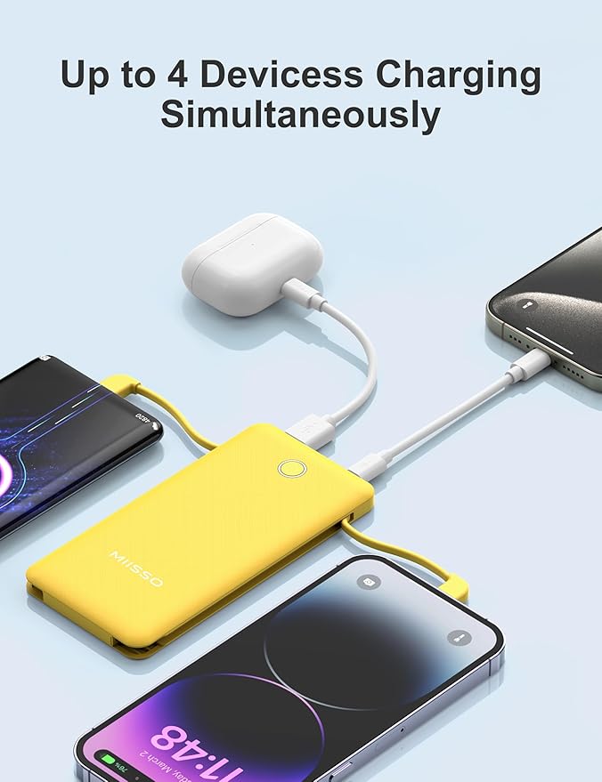 miisso 10000mAh Slim Portable Charger with Built in Cable, Power Bank Travel Charger External Battery Pack for Phone, 4 Output USB Type C Cord Clutch Charger Compatible with iPhone, Yellow