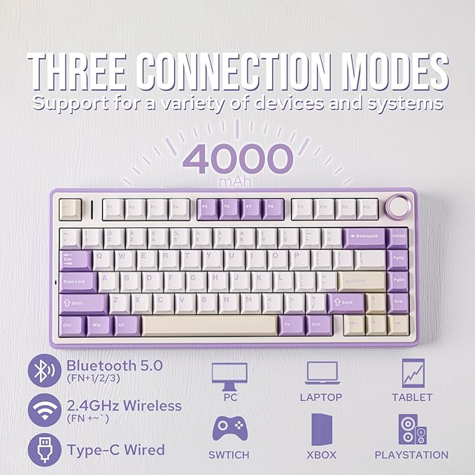 EPOMAKER x Aula F75 Gasket Mechanical Keyboard, 75% Wireless Hot Swappable Gaming Keyboard with Five-Layer Padding&Knob, Bluetooth/2.4GHz/USB-C, RGB (Purple, LEOBOG Reaper Switch)