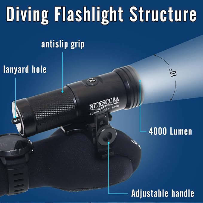 Scuba Diving Flashlights 4000 Lumen IP68 Waterproof Underwater Light for 100m/330ft CRI=90 Underwater Photography with Adjustable Handle
