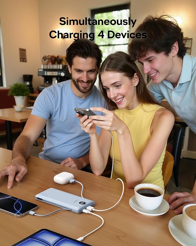 VEGER All in One Travel Portable Charger with Built-in AC Plug & Cables, 10000mAh Slim Power Bank Battery Pack, 15W Fast Charging for iPhone, Samsung, Android-Black