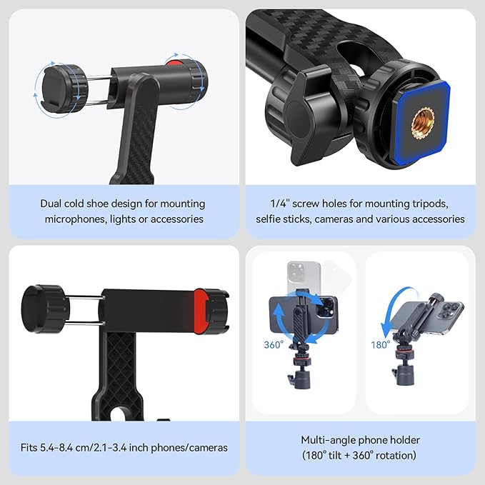 Portable Cell Phone Tripods & Desktop Tripod & Extendable Selfie Stick (18-45cm), 360° Phone Clip & Cold Shoe Mounts - for iPhone/Samsung/GoPro/DJI/Canon/Sony Cameras/Lights