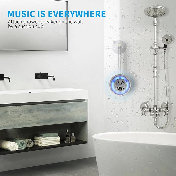 Bluetooth Shower Speaker, IP67 Waterproof Wireless Speaker with Colorful LED Lights, True Wireless 3D Stereo Sound, Portable Outdoor Speakers for Beach, Pool, Kayak, Travel, and Home Use (Blue)