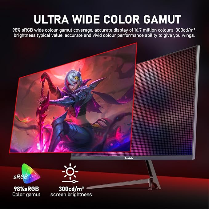 27 inch 2K QHD(2560×1440) PC Screen, 165Hz Gaming Monitor, 1ms Without Bezel, FreeSync,98% sRGB, 178° Wide Viewing Angle,Display 1.4、Port HDMI2.0, Wall Mount Compatible 75 * 75MM- Black