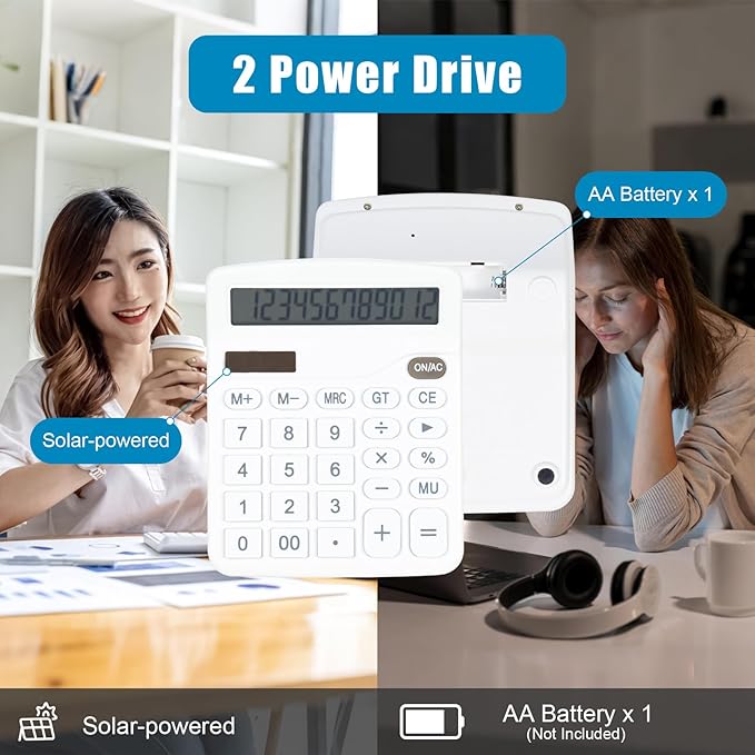Marte Vanci 12 Digits Calculator with Large LCD Display, Desktop Basic Calculator with Big Buttons, Solar Power and AA Battery, for Office, Home, School(White)
