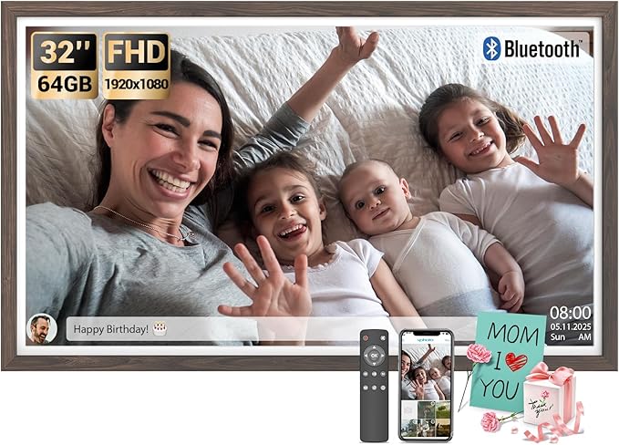 BSIMB Large Digital Picture Frame 32 Inch, 64GB 1920x1080 FHD WiFi Digital Photo Frame Electronic, Wall Mount Included, Share Pictures/Videos via App Easy Setup Gifts for Mom(Non-Touch), Dark Wood