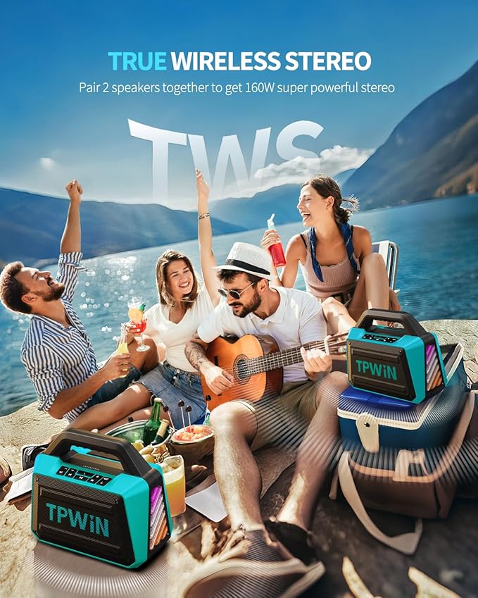 Powerful 80W Outdoor Bluetooth Speaker: IPX6 Waterproof, Rugged, 20H Playtime, Deep Bass, Lightshow, TWS, BT 5.3 Wireless, Portable for Travel Hiking Camping Beach Pool - Teal
