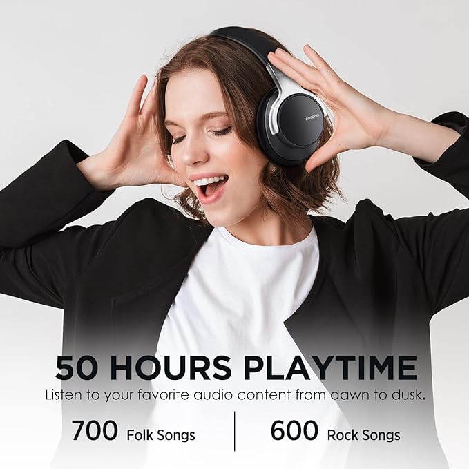 AUSDOM E7 Noise Cancelling Headphones: Wireless Bluetooth Over Ear ANC Headphones with Microphone, 50H Playtime, Hi-Fi Sound, Deep Bass, Comfortable Earpads for Travel Work Home Office