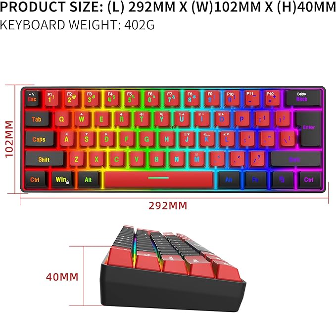 Snpurdiri 60% Wired Gaming Keyboard,True RGB Small Compact 61 Keys Mini Keyboard for PC/Mac Gamer, Typist, Travel, Easy to Carry on Business Trip(Black-Red)