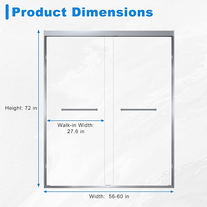 56-60" W x 72" H Shower Door Bathroom Double Sliding Shower Door 1/4"(6mm) Thick Tempered Glass Shower Door with Stainless Steel Handle for Walk-in Shower, Brushed Silver