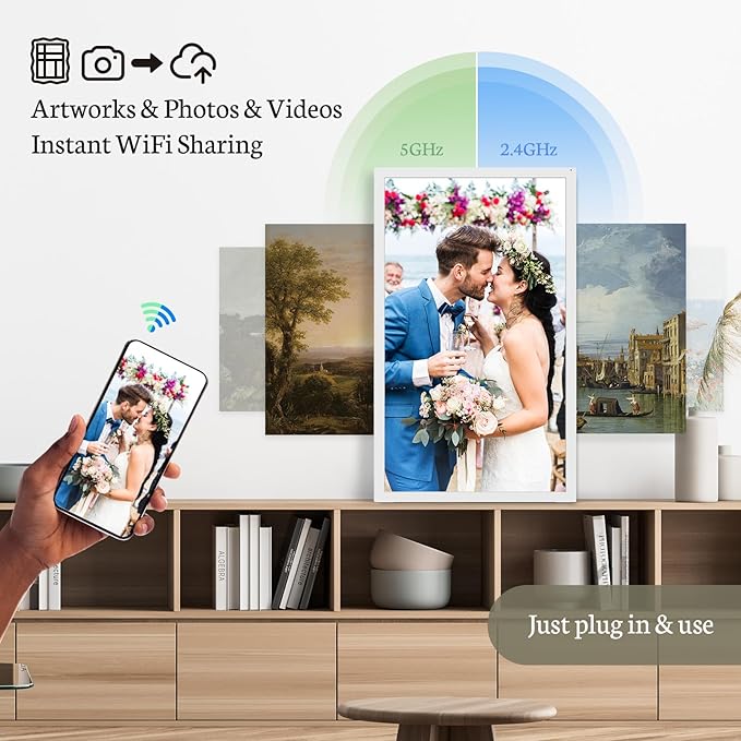 BSIMB Large Digital Picture Frame 32 Inch, 64GB 1920x1080 FHD WiFi Digital Photo Frame Electronic Display, Wall Mount Included, Share Pictures/Videos via App Easy Setup Gifts for Mom(Non-Touch), White